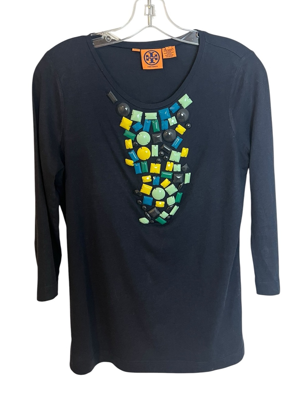Tory Burch Embellished Jeweled Tunic Top Navy Blue Small Statement Beaded